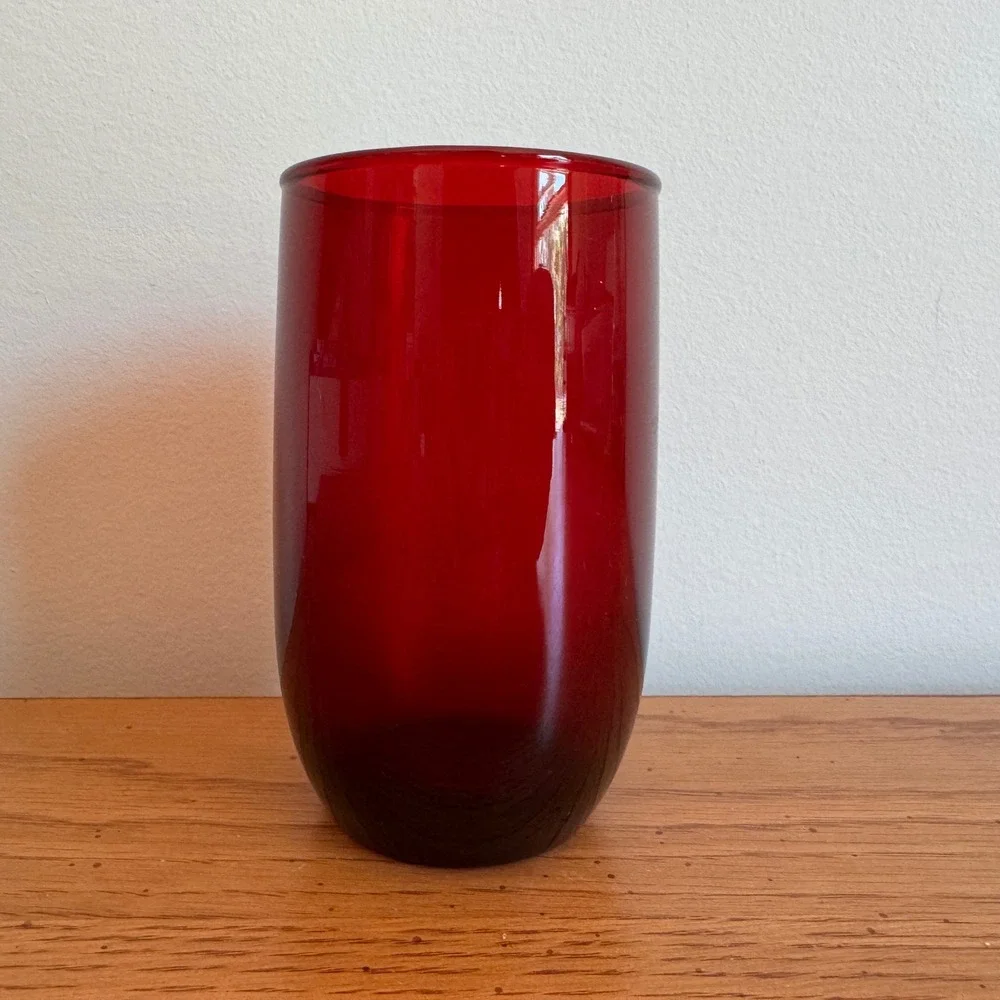 Vintage Ruby Red Glass Cylinder Vase Mid Century Modern Minimalist Juice‎ Glass